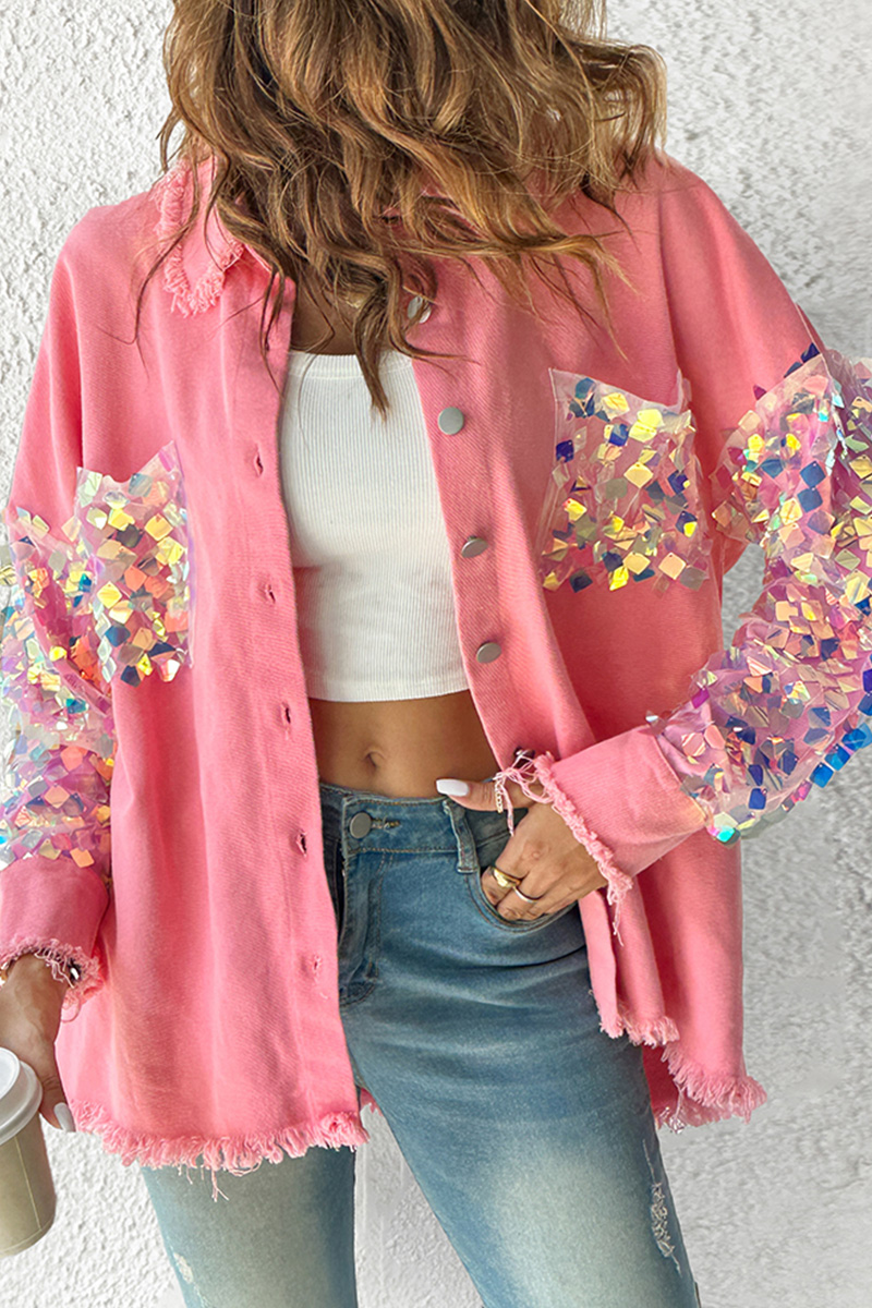 Fashion Sequin Sleeve Raw Trim Denim Jacket