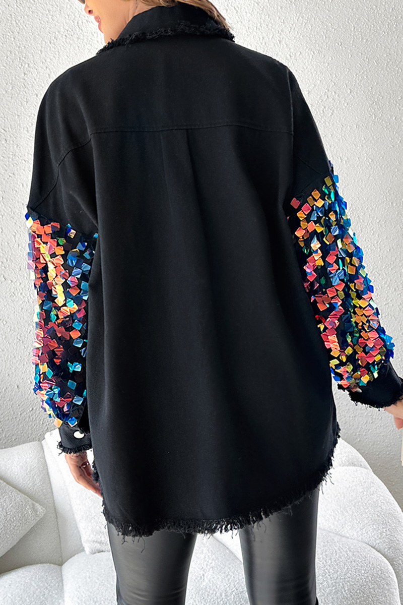 Fashion Sequin Sleeve Raw Trim Denim Jacket