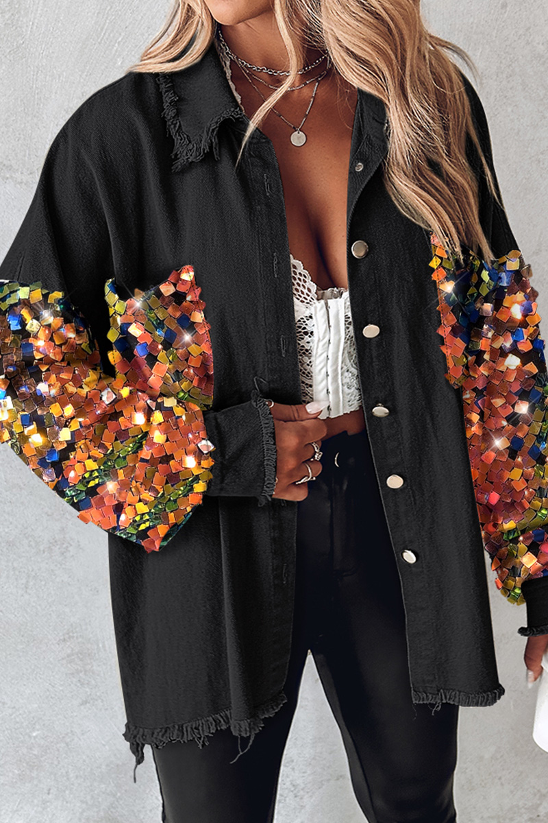 Fashion Sequin Sleeve Raw Trim Denim Jacket