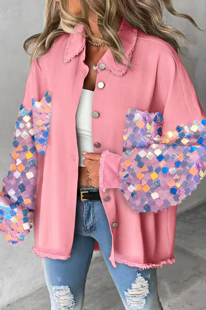 Fashion Sequin Sleeve Raw Trim Denim Jacket