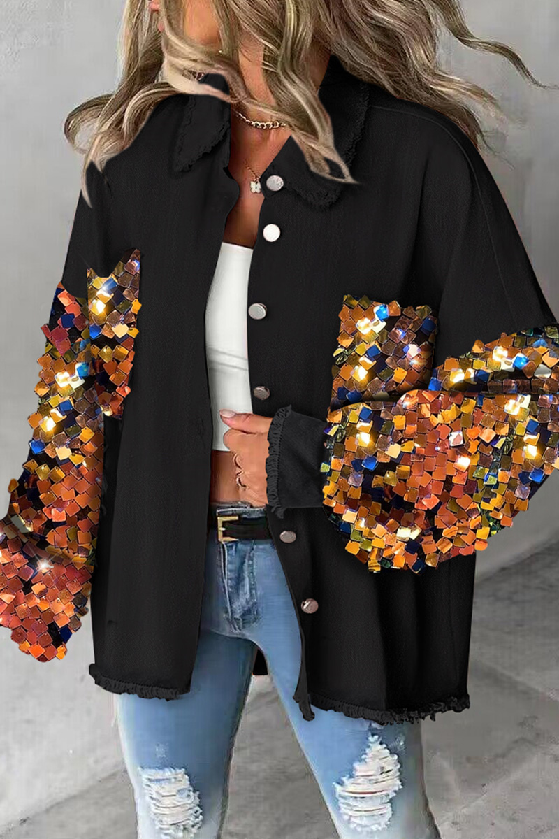 Fashion Sequin Sleeve Raw Trim Denim Jacket