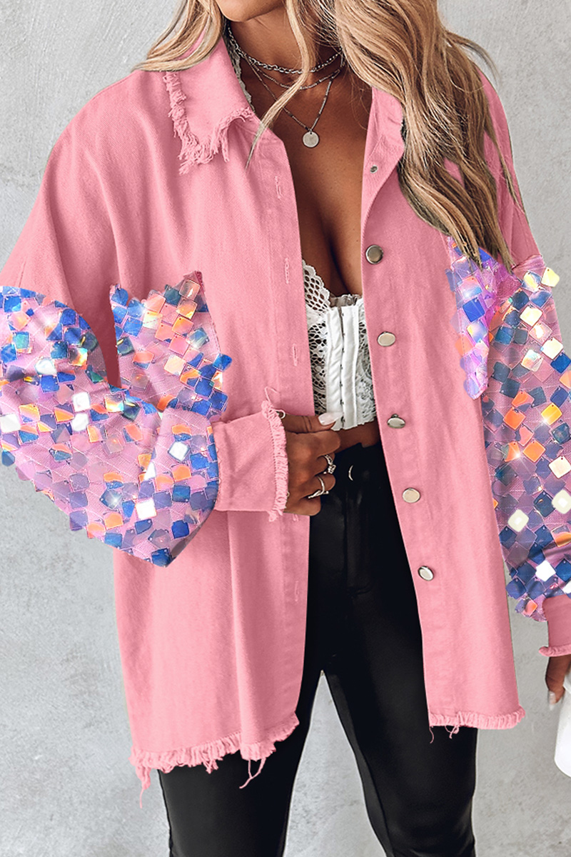 Fashion Sequin Sleeve Raw Trim Denim Jacket
