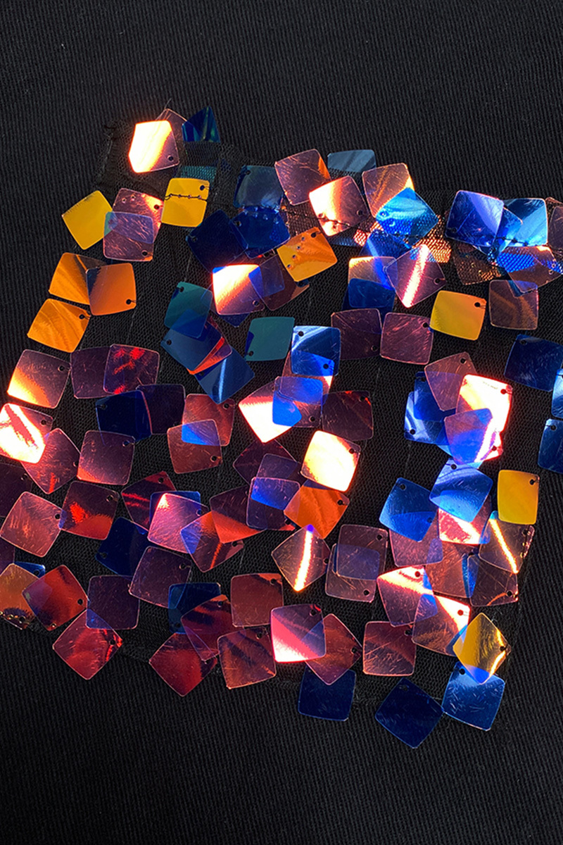 Fashion Sequin Sleeve Raw Trim Denim Jacket