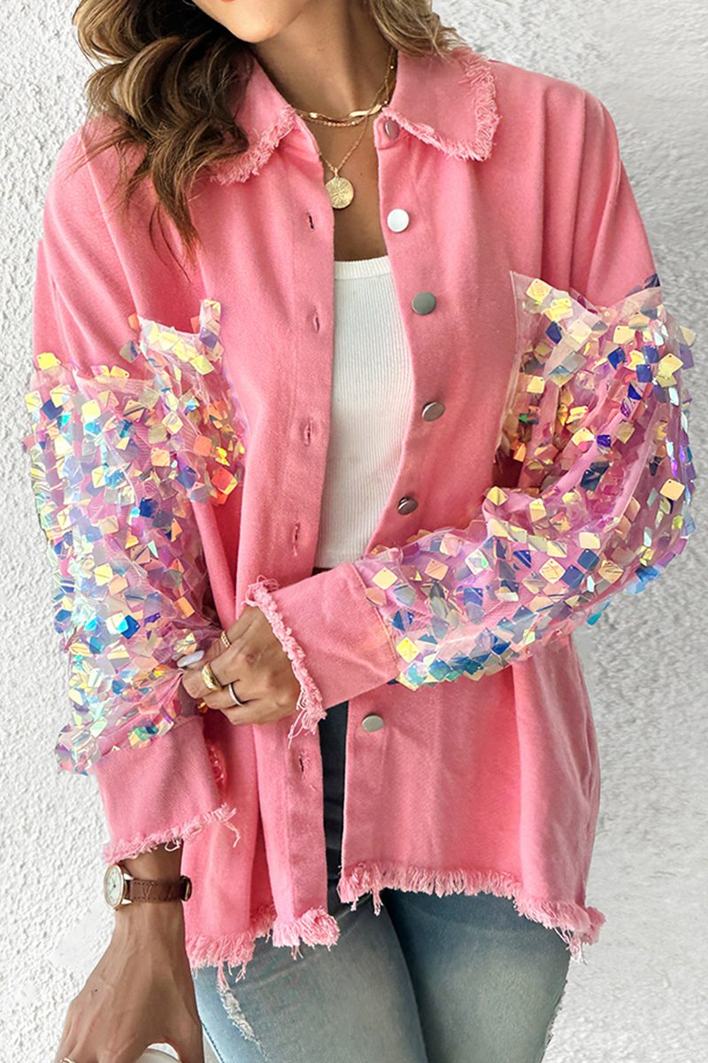 Fashion Sequin Sleeve Raw Trim Denim Jacket