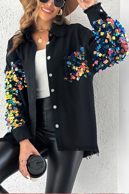 Fashion Sequin Sleeve Raw Trim Denim Jacket
