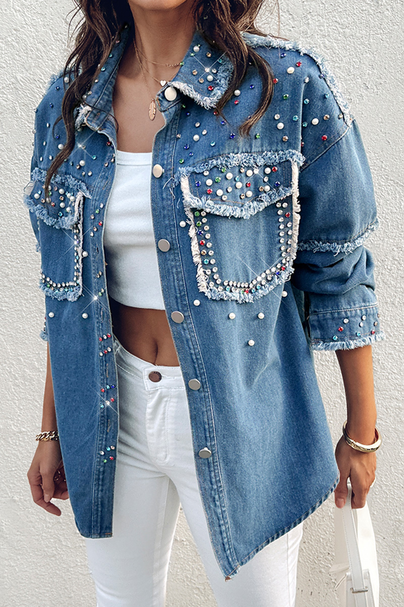 Designer Beaded Washed Raw Trim Denim Jacket