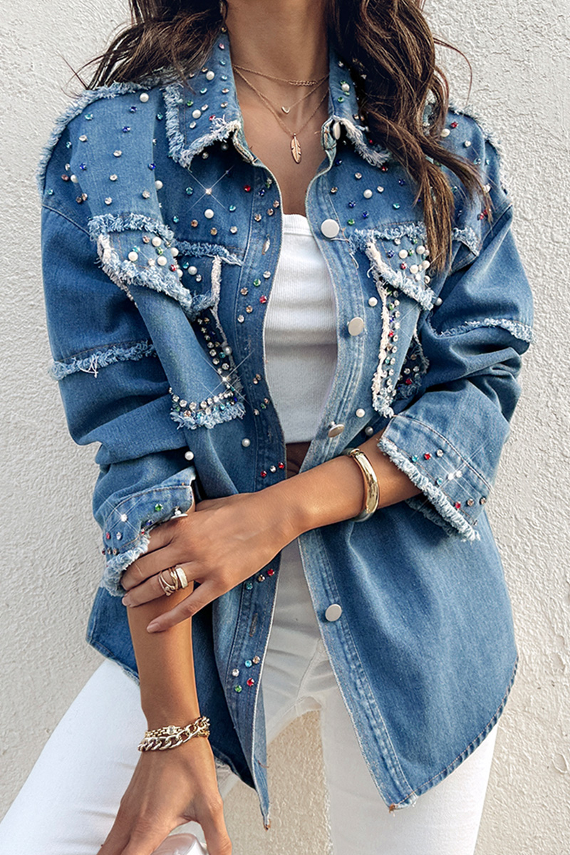 Designer Beaded Washed Raw Trim Denim Jacket