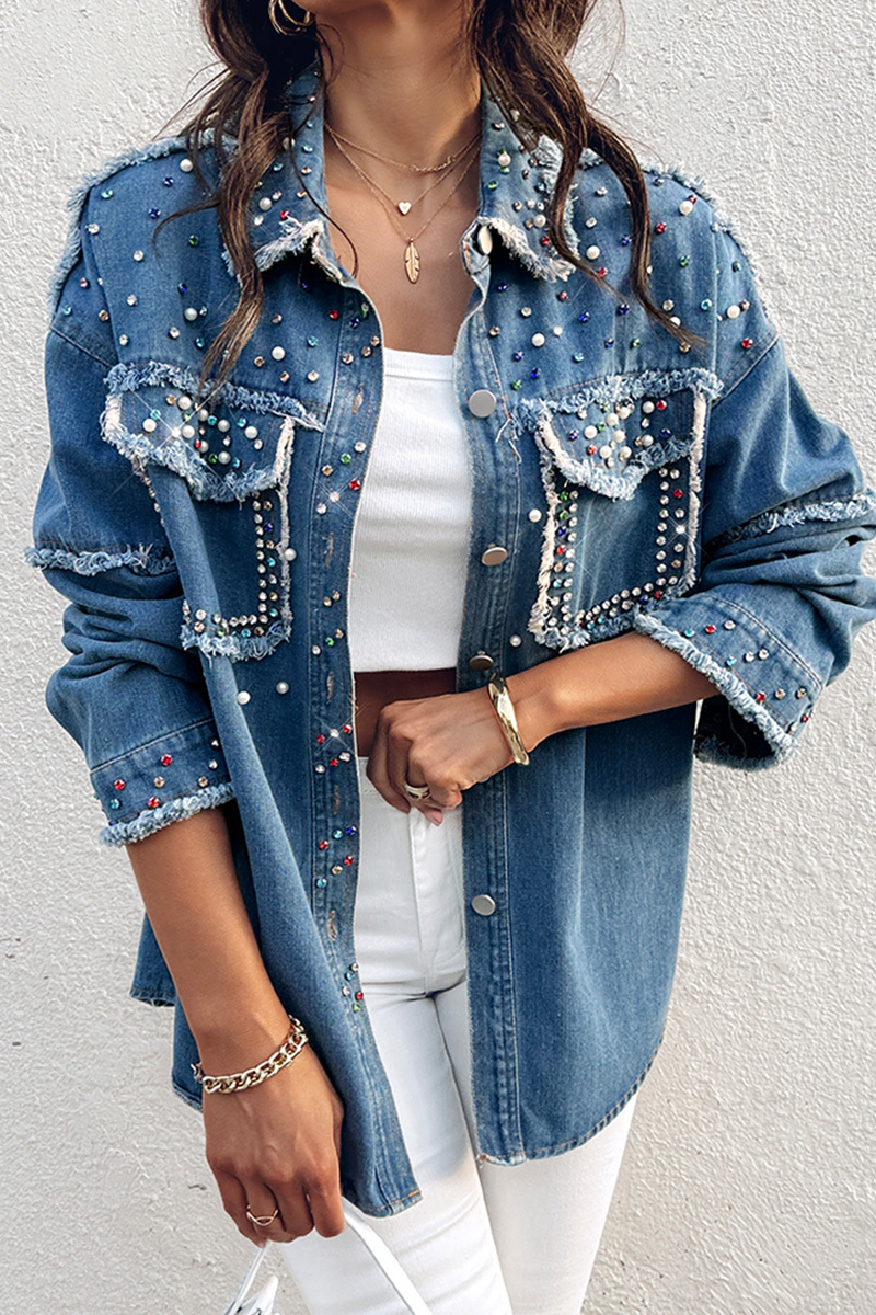 Designer Beaded Washed Raw Trim Denim Jacket