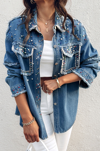 Designer Beaded Washed Raw Trim Denim Jacket