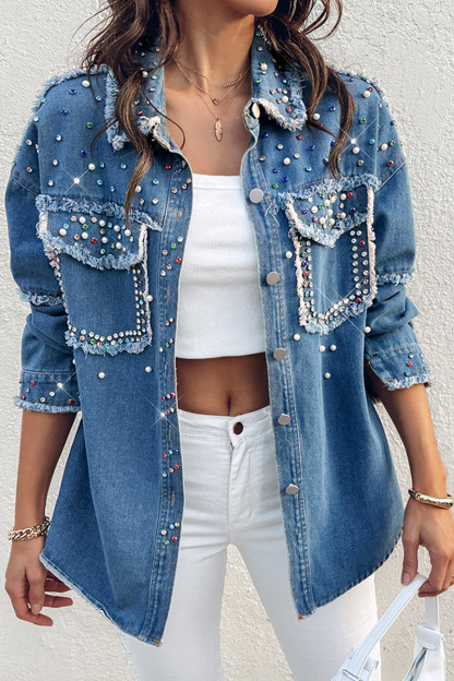 Designer Beaded Washed Raw Trim Denim Jacket