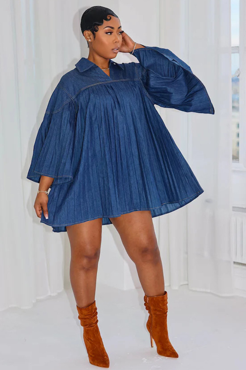 Elegant Loose Fit Pleated Panel Denim Dress