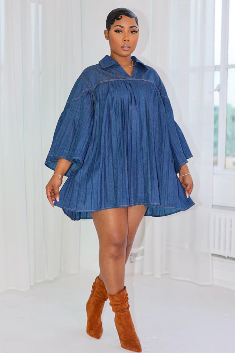 Elegant Loose Fit Pleated Panel Denim Dress