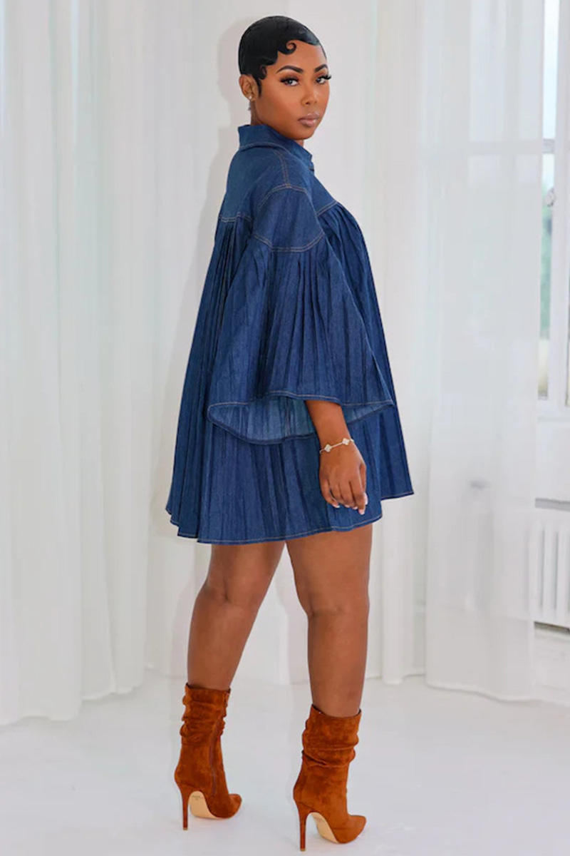 Elegant Loose Fit Pleated Panel Denim Dress