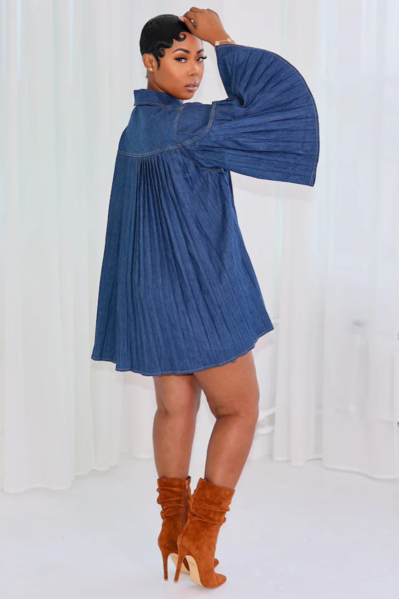 Elegant Loose Fit Pleated Panel Denim Dress