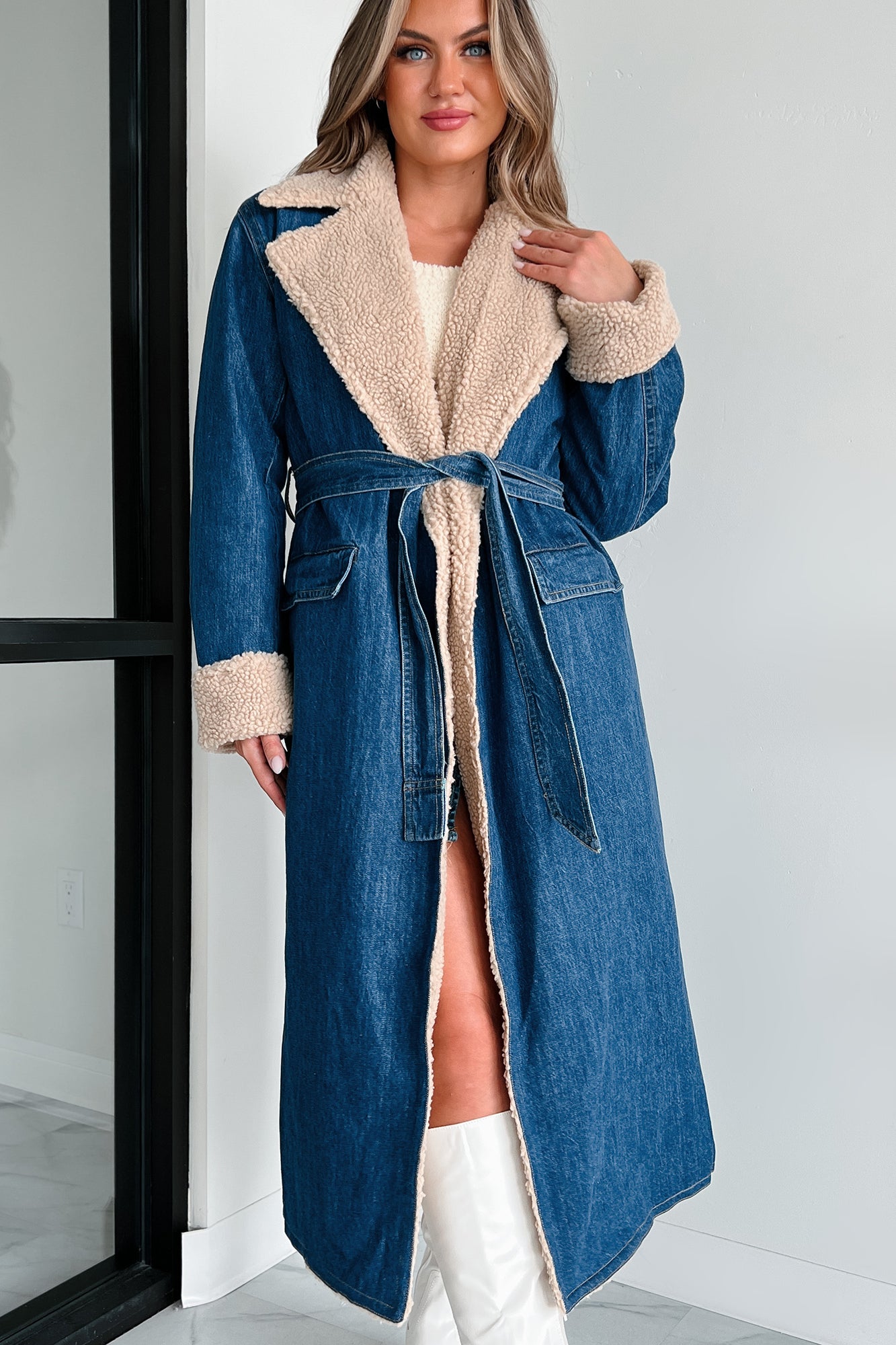 Fashion Sherpa Lapel Quilted Tie Waist Denim Trench Coat