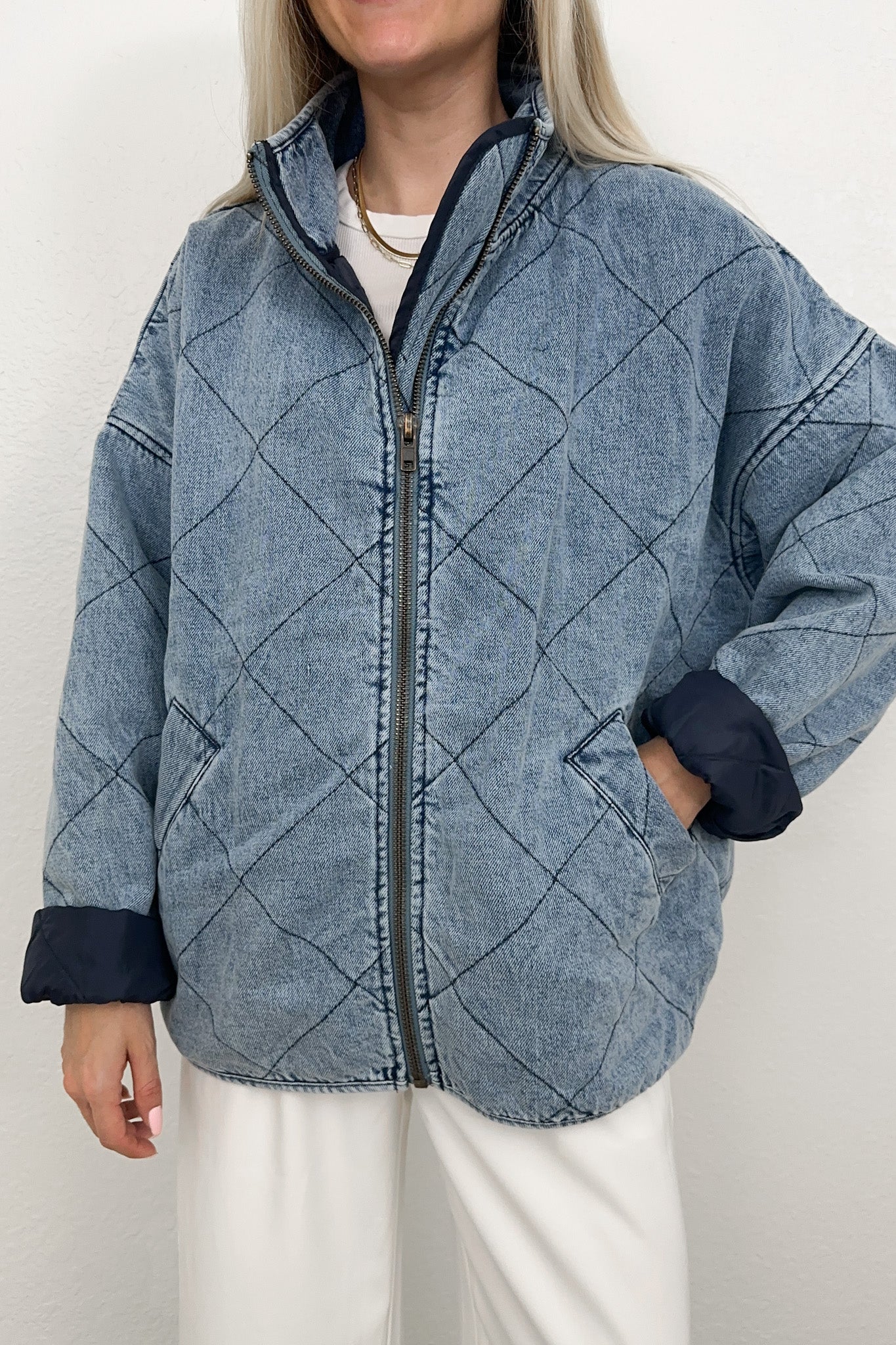 Women's Casual Quilted Thick Lapel Denim Jacket