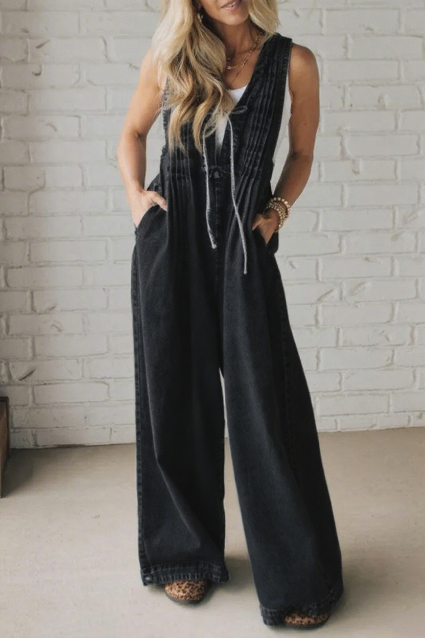 Women's V-neck Sleeveless Casual Pleated Denim Jumpsuit