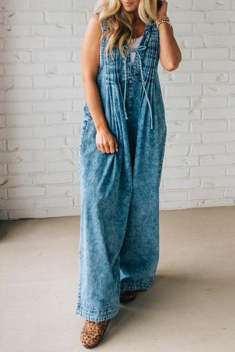 Women's V-neck Sleeveless Casual Pleated Denim Jumpsuit