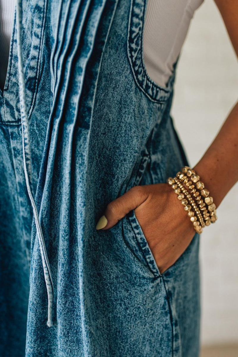 Women's V-neck Sleeveless Casual Pleated Denim Jumpsuit