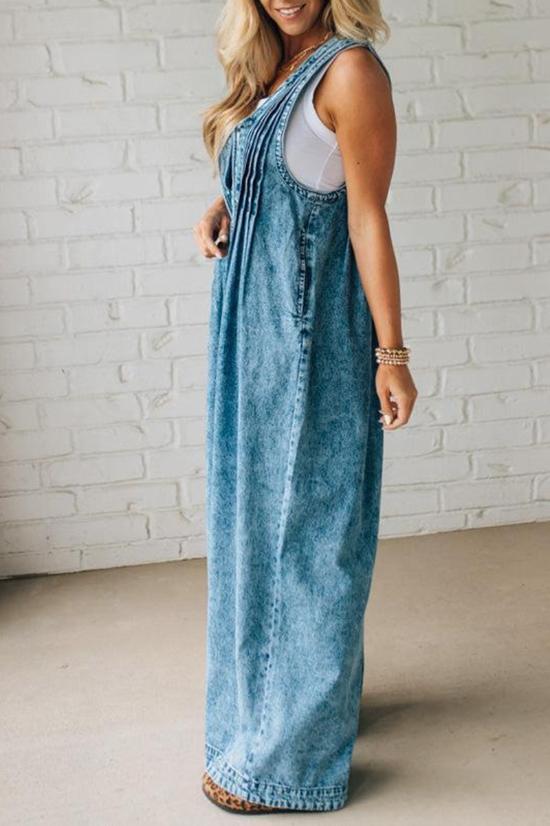 Women's V-neck Sleeveless Casual Pleated Denim Jumpsuit