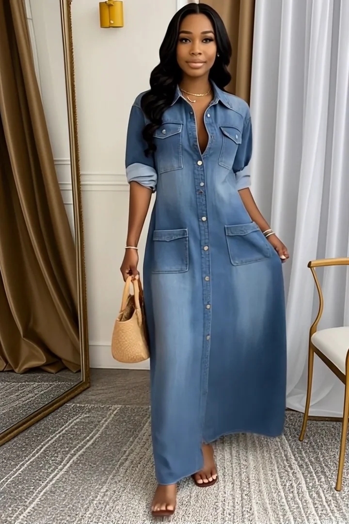 Women's Lapel Multi-pocket Denim Thin Casual Dress
