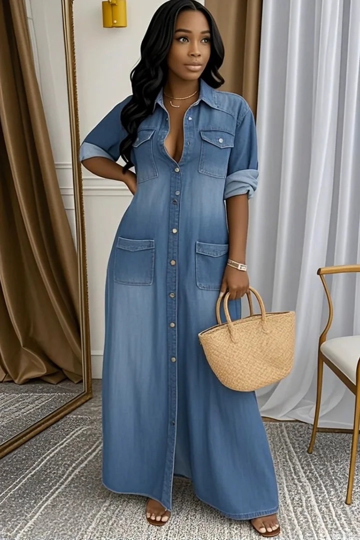 Women's Lapel Multi-pocket Denim Thin Casual Dress