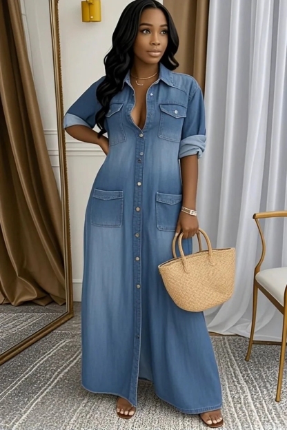 Women's Lapel Multi-pocket Denim Thin Casual Dress