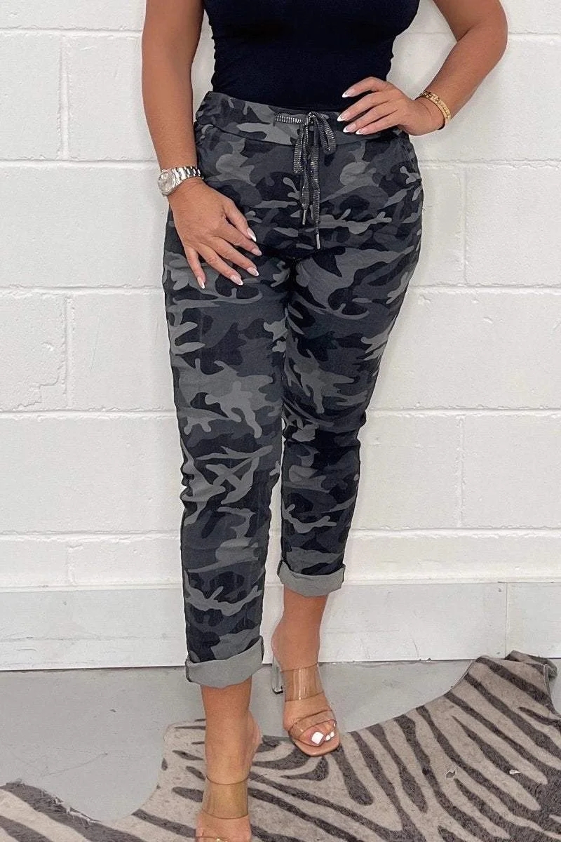 Women's Camouflage Leopard Print Casual Lace-up Trousers