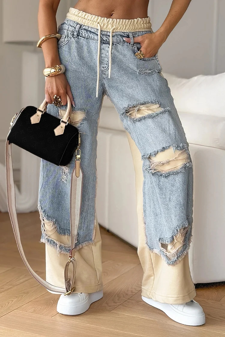Women's Denim Patchwork Ripped Casual Trousers