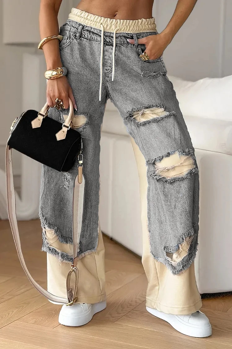 Women's Denim Patchwork Ripped Casual Trousers