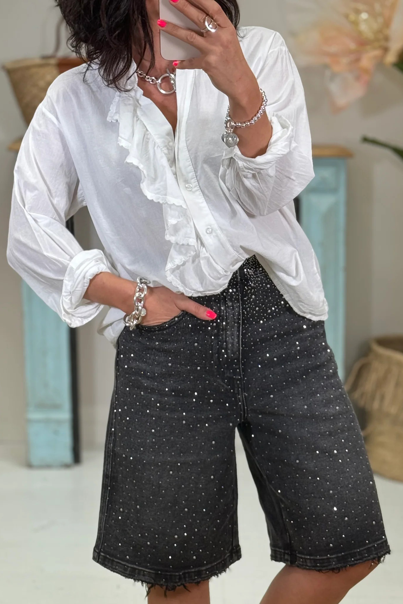 Women's Rhinestone Casual Straight Leg Denim Shorts