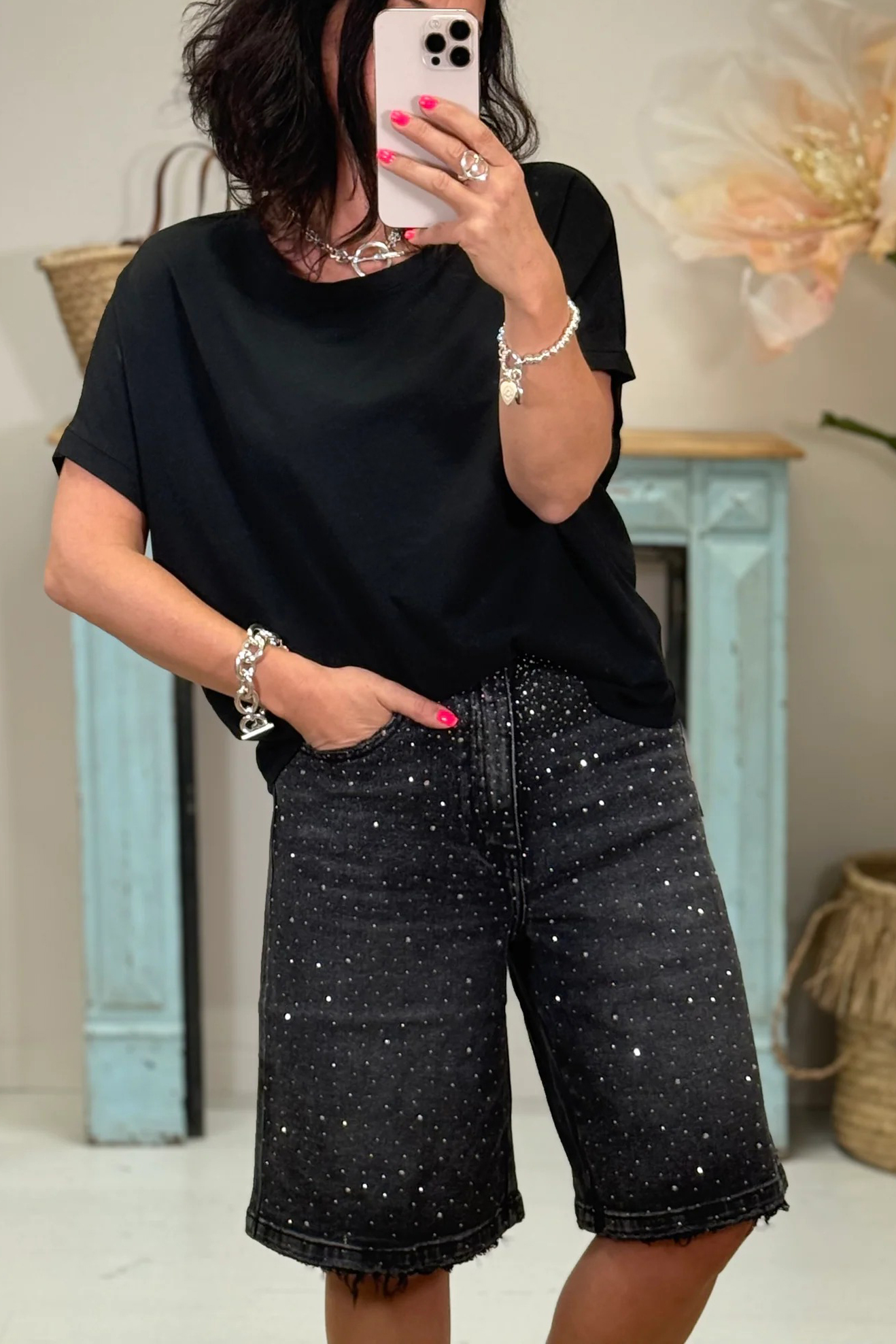 Women's Rhinestone Casual Straight Leg Denim Shorts