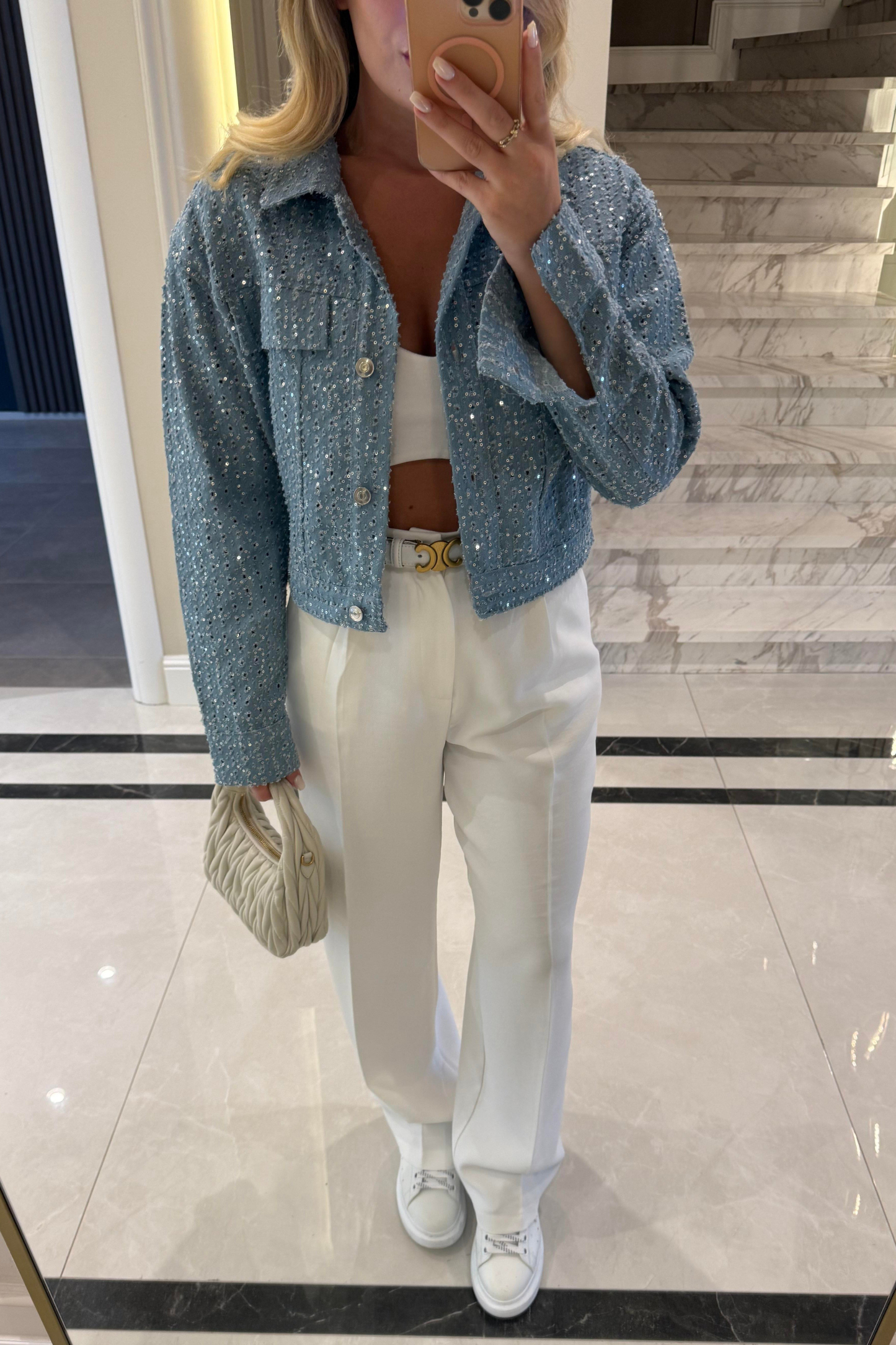 Women's Sequin Textured Denim Short Jacket