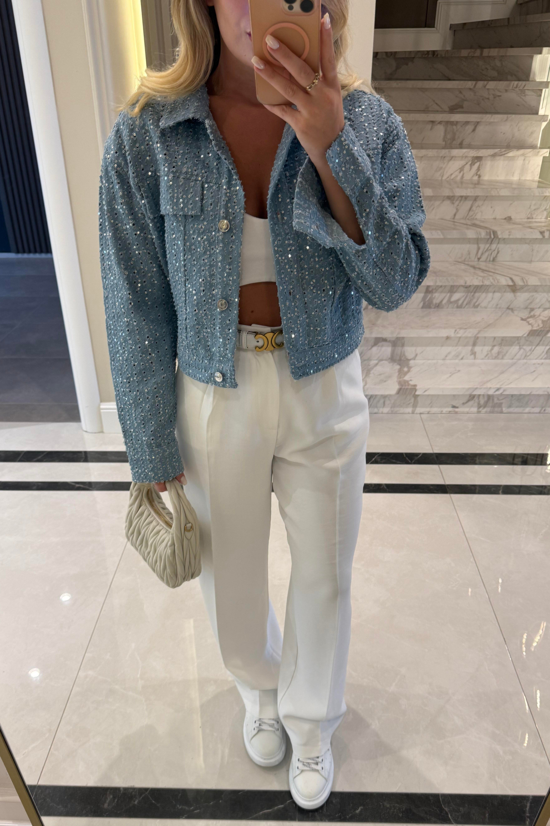 Women's Sequin Textured Denim Short Jacket