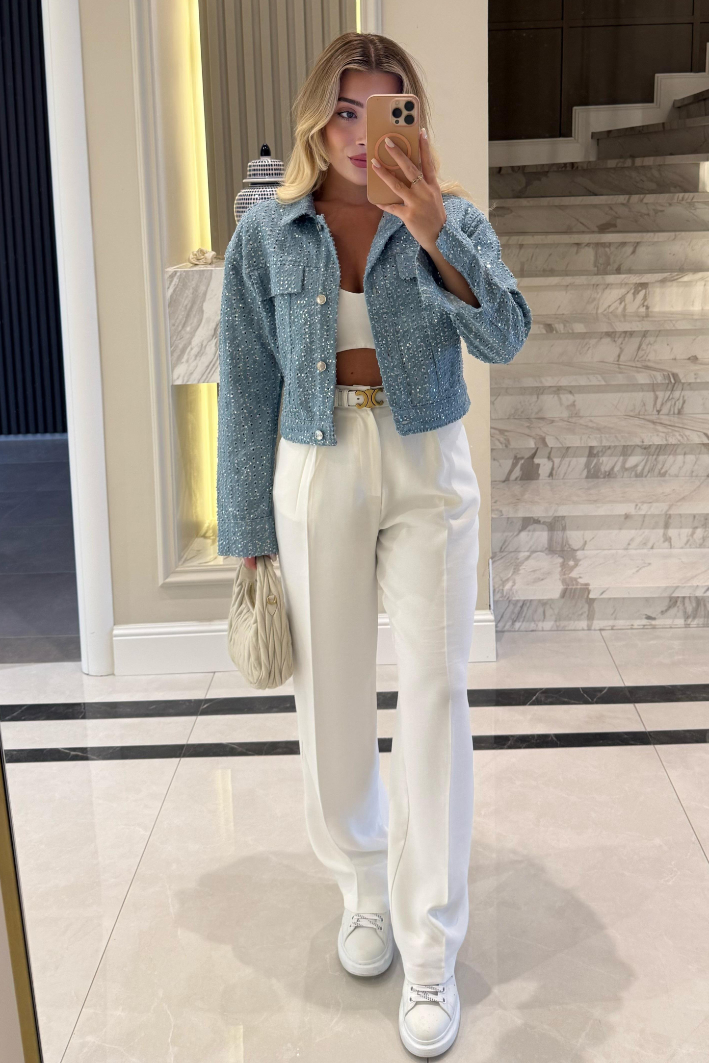 Women's Sequin Textured Denim Short Jacket