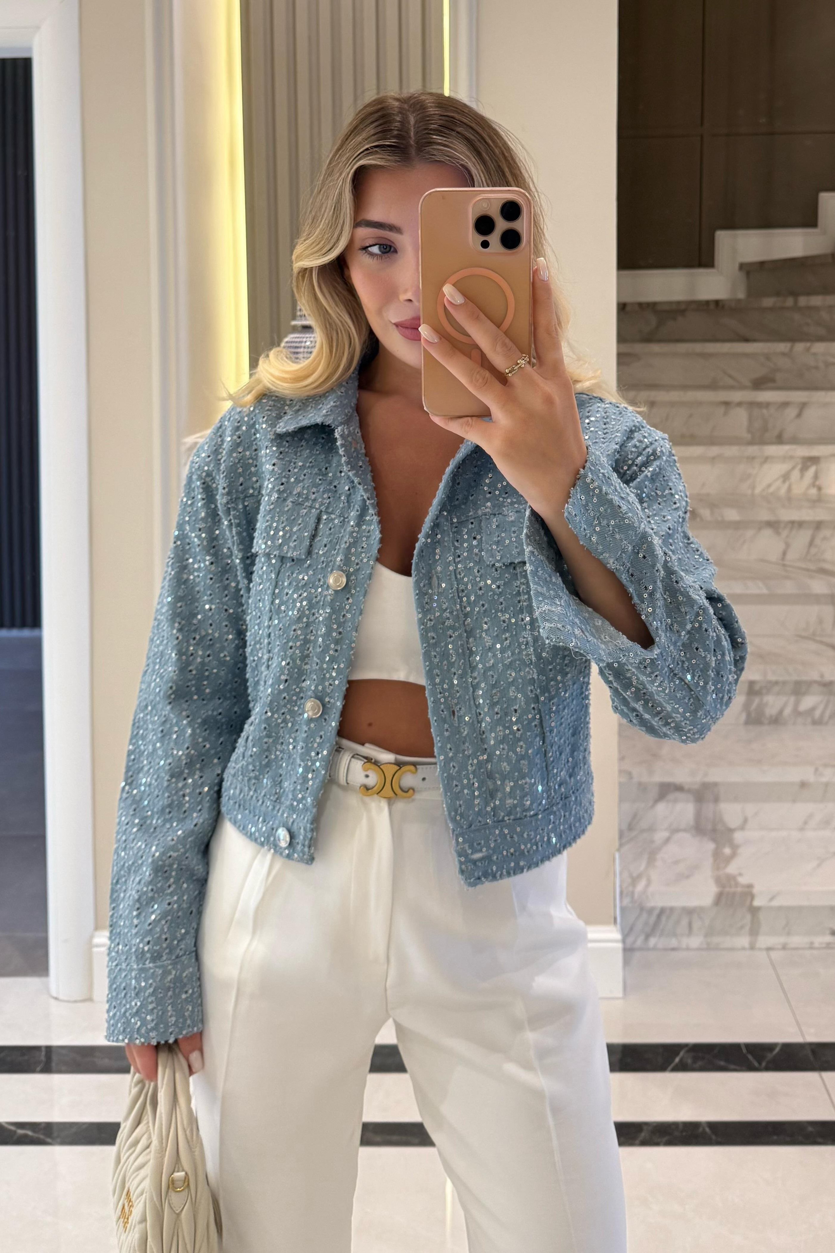 Women's Sequin Textured Denim Short Jacket