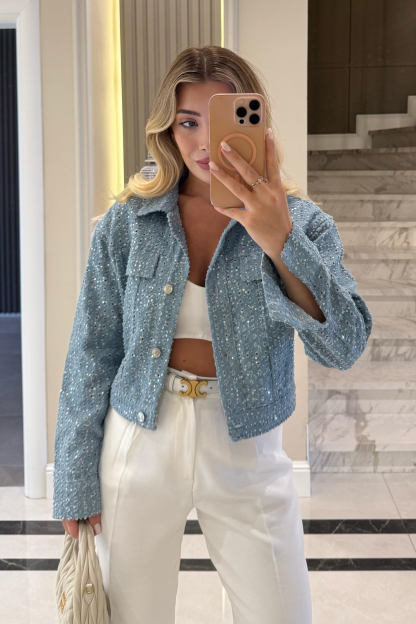 Women's Sequin Textured Denim Short Jacket
