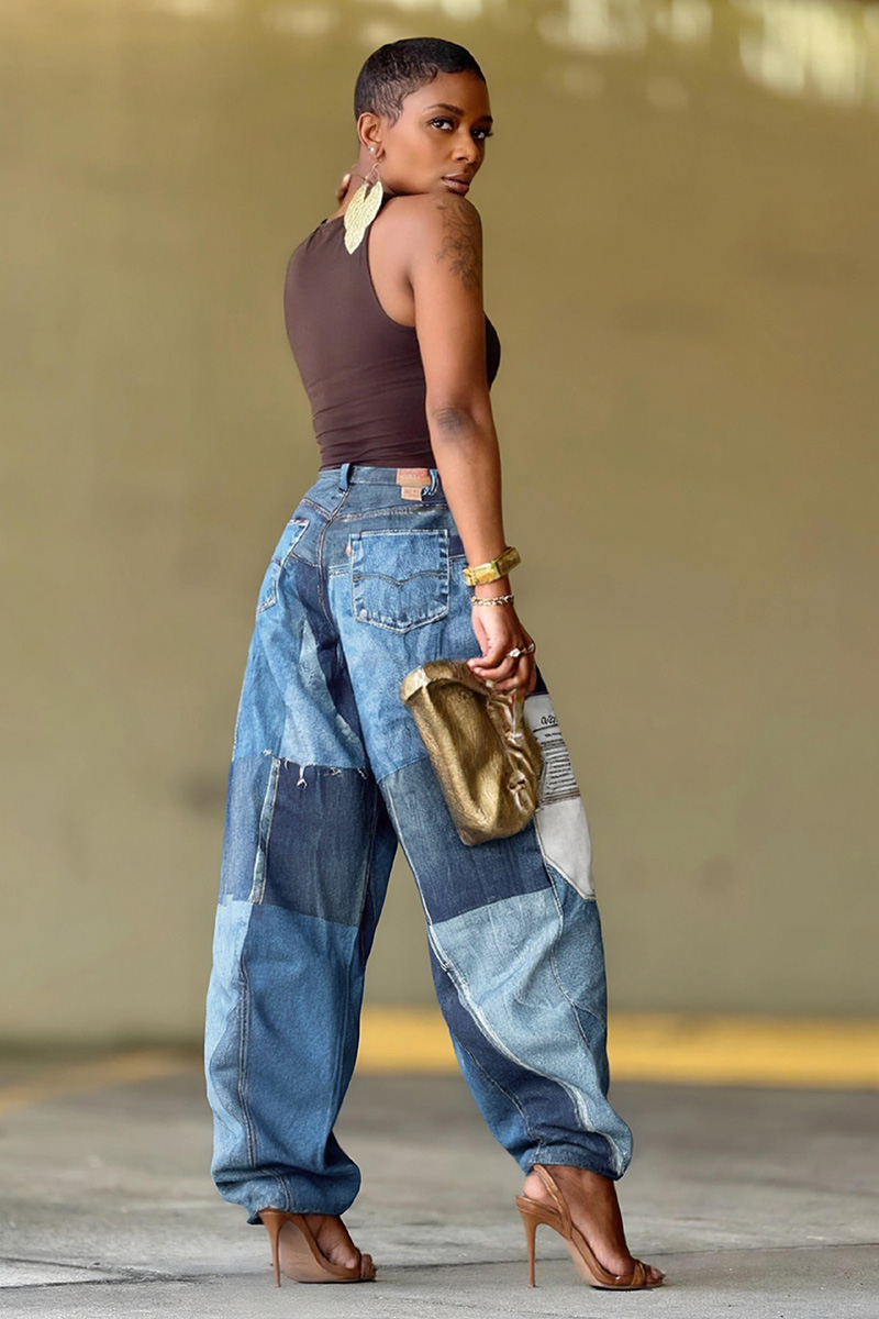 Women's Fashion Patch Panel Print Jeans