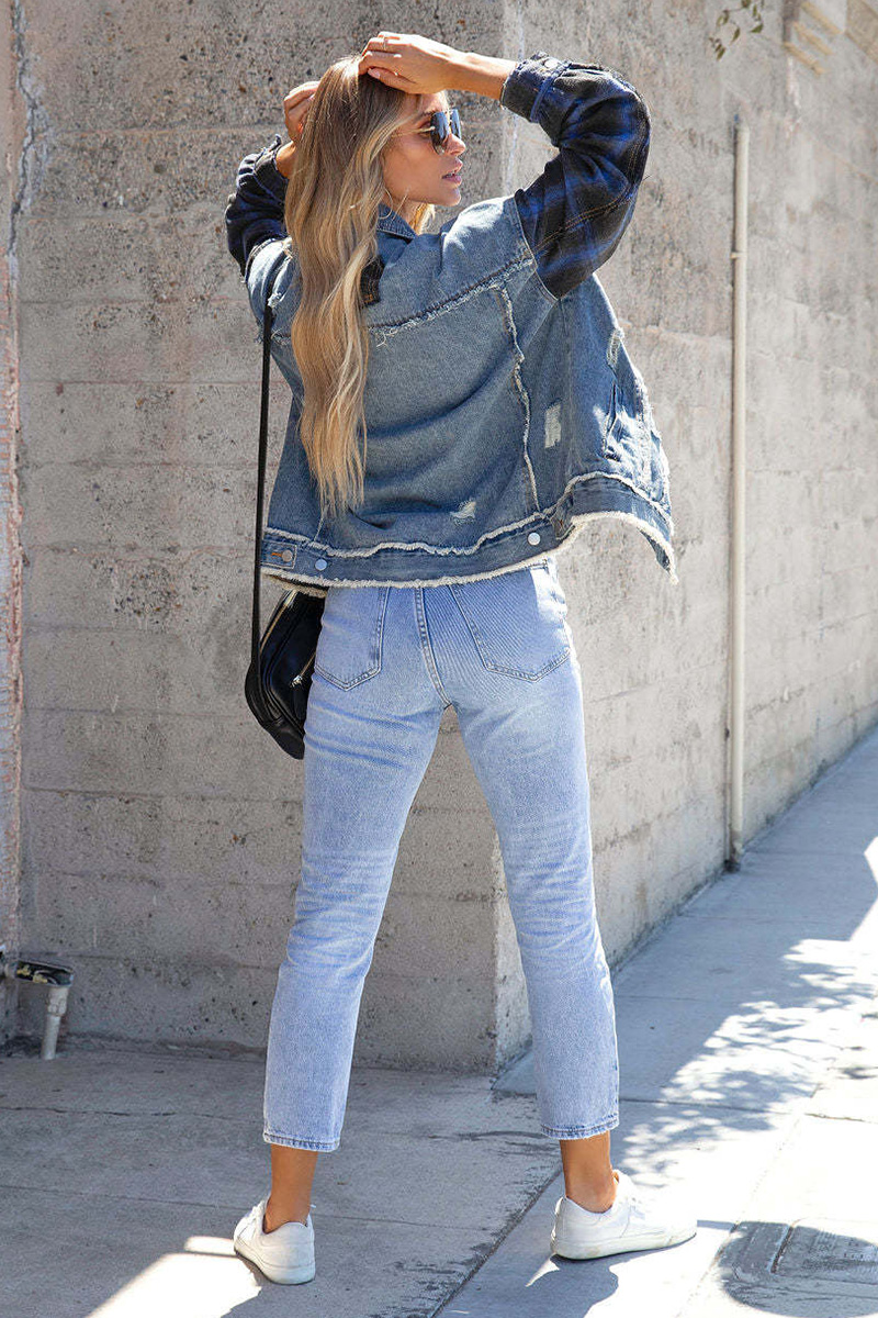 Casual Raw Hem Washed Denim Plaid Panel Jacket