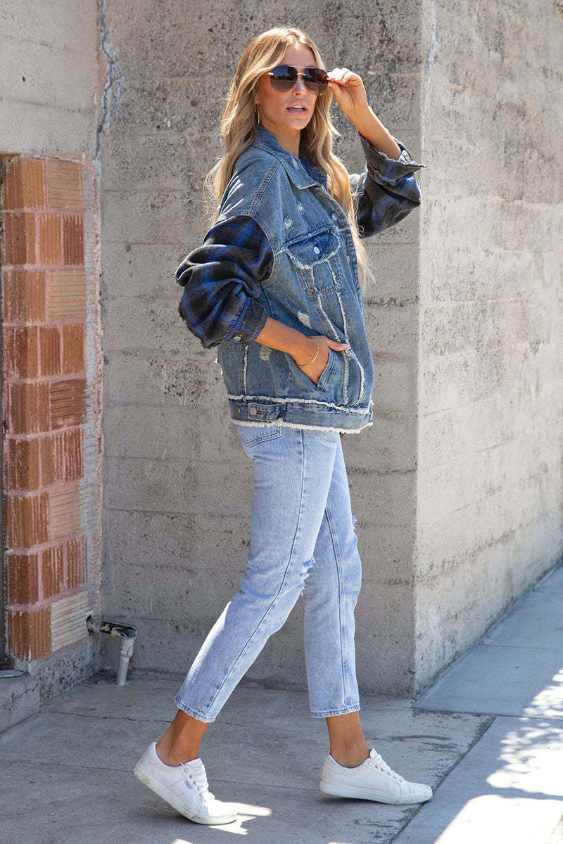 Casual Raw Hem Washed Denim Plaid Panel Jacket