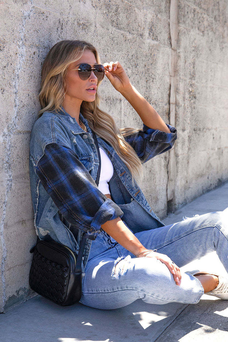 Casual Raw Hem Washed Denim Plaid Panel Jacket