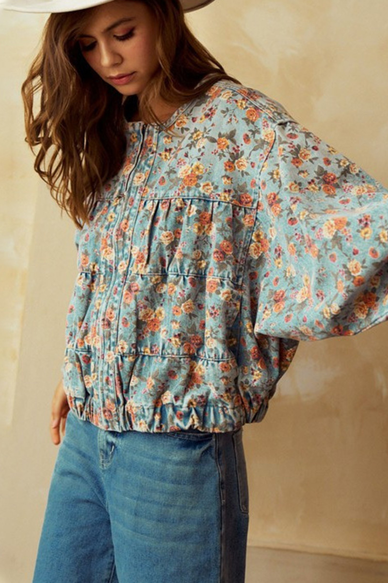 Vintage Floral Batwing Sleeve Washed Denim Jacket