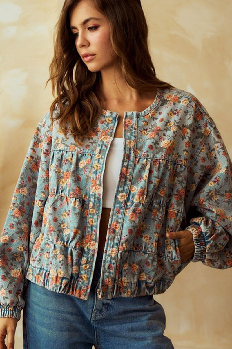 Vintage Floral Batwing Sleeve Washed Denim Jacket
