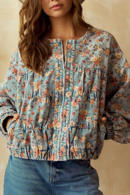 Vintage Floral Batwing Sleeve Washed Denim Jacket