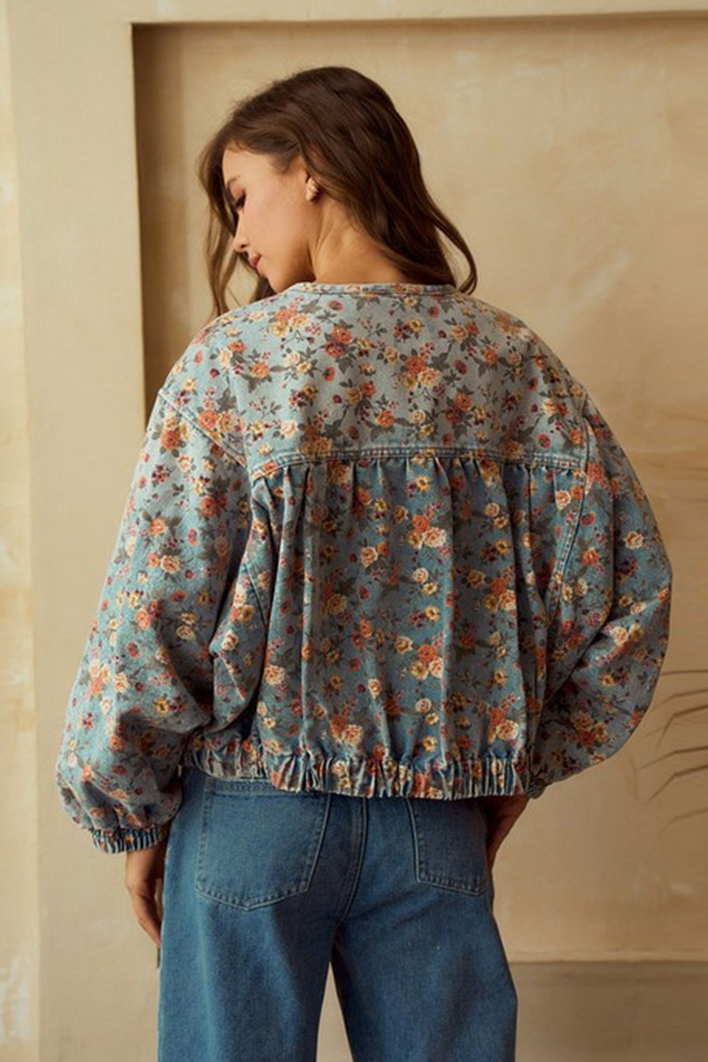 Vintage Floral Batwing Sleeve Washed Denim Jacket