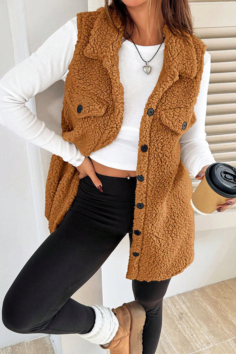 Casual Warm Lapel Button Up Plush Vest