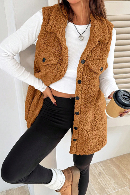 Casual Warm Lapel Button Up Plush Vest