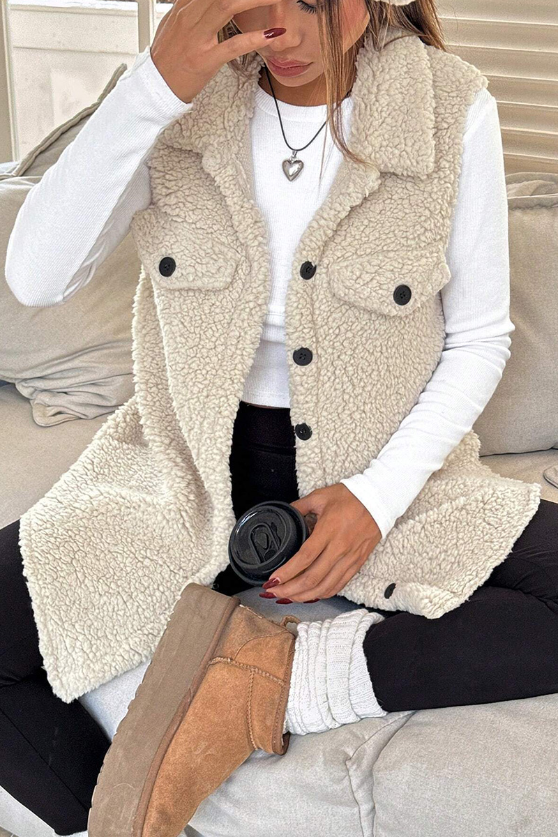 Casual Warm Lapel Button Up Plush Vest