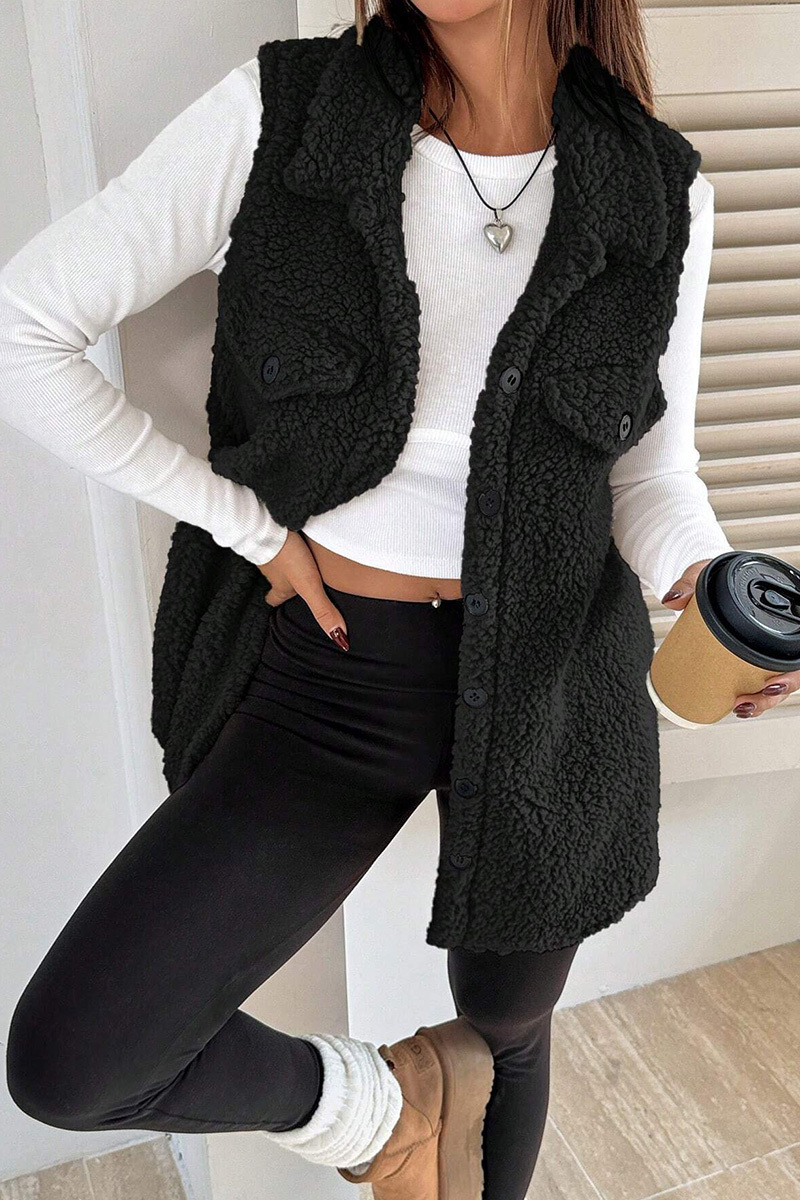 Casual Warm Lapel Button Up Plush Vest