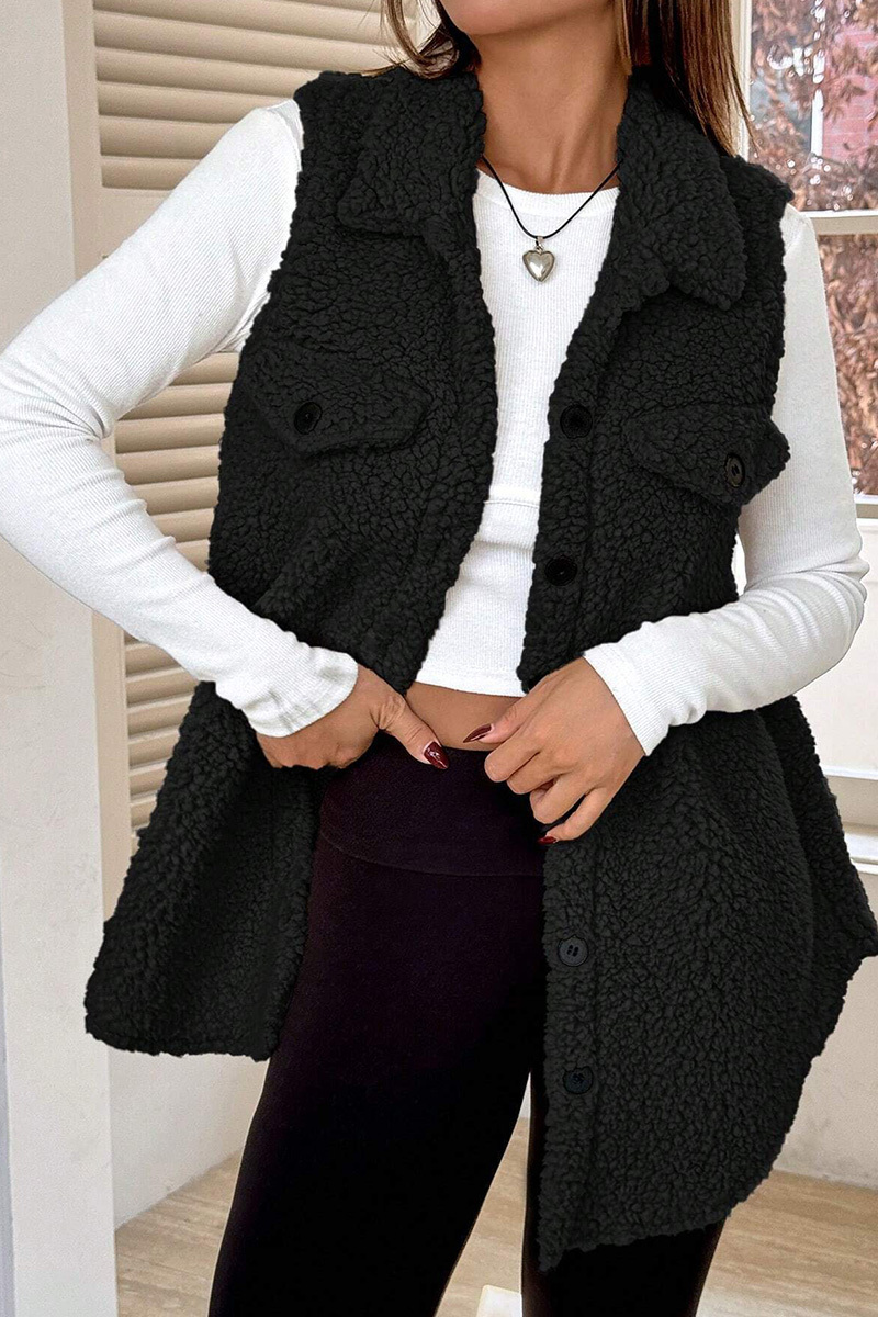 Casual Warm Lapel Button Up Plush Vest